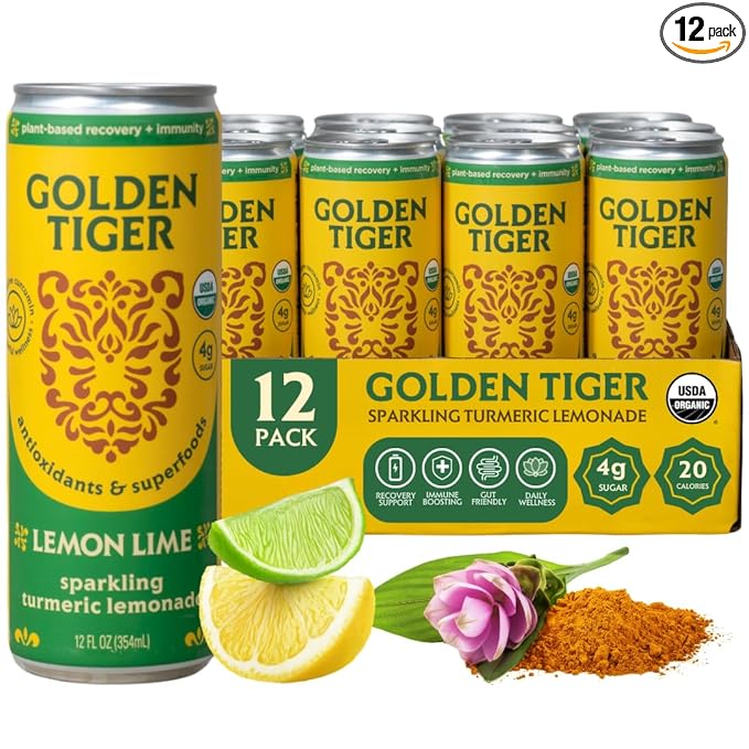 Golden Tiger Turmeric Sparkling Lemonade, Lemon Lime 12-Pack ??Curcumin & Ginger for Inflammation