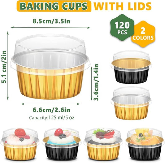120 Pcs Aluminum Foil Baking Cups Mini Cake Pans with Lids 5 oz Cupcake Liners Disposable Muffin