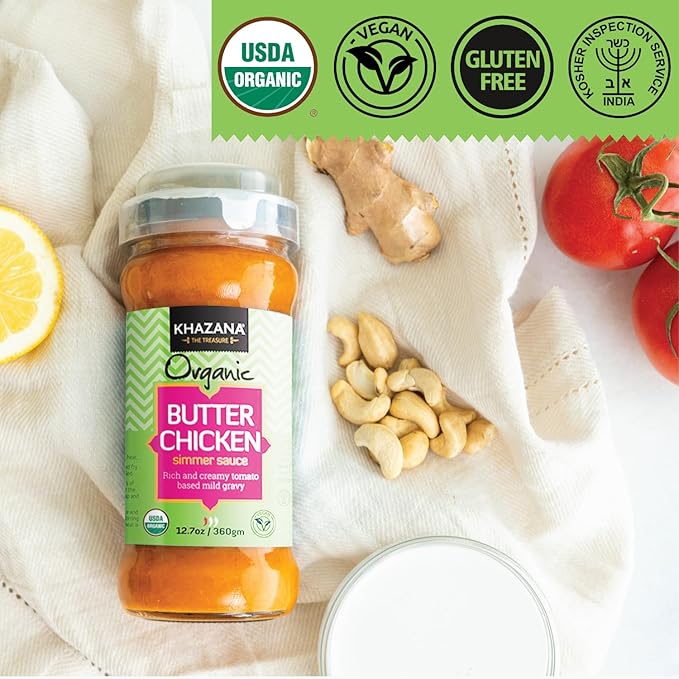 Khazana ORGANIC Butter Chicken Simmer Sauce - 12.7oz Jar | Non-GMO, Vegan, Gluten-Free, Kosher |