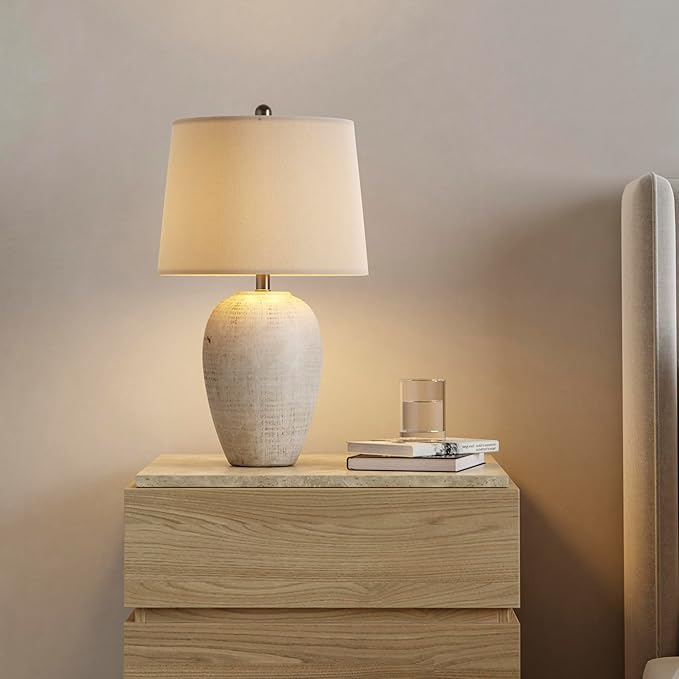 Nourison Home 23" Distressed Cream/Beige Rustic Ceramic Jar Table Lamp for Bedroom, Living Room