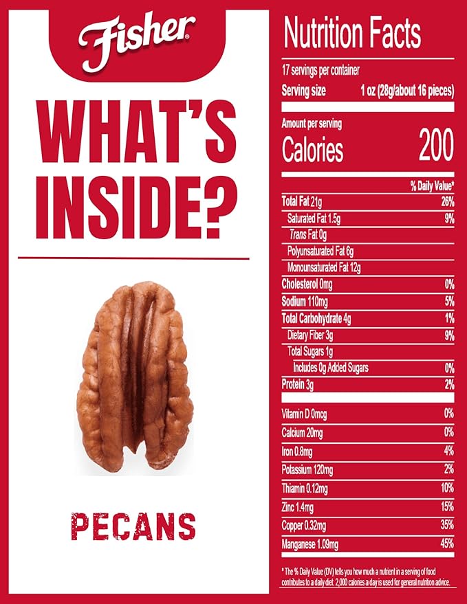 Fisher Oven Roasted Never Fried Mammoth Pecans, 17 Ounces (Pack of 1), Heart Healthy Snacks for