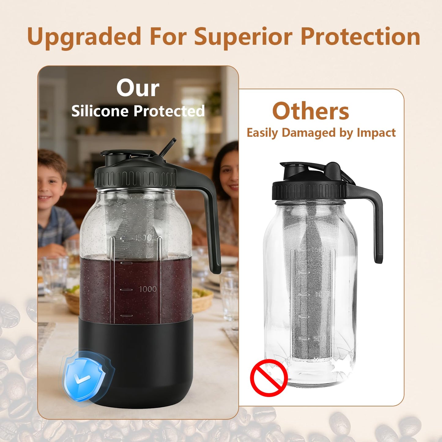 Cold Brew Coffee Maker, 64oz Mason Jar Pitcher with Stainless Steel Filter, Leak-Proof Lid with