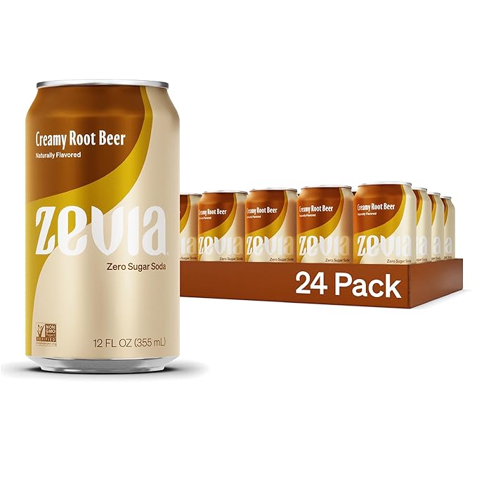 Zevia Zero Sugar Soda, Creamy Root Beer, 12 oz Cans (24-Pack) ??Naturally Sweetened, Non-GMO