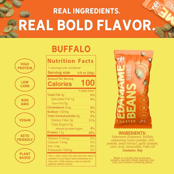 R휆l Snacks Buffalo Roasted Edamame ??High Protein Low Carb Snack (11g Protein per Serving)