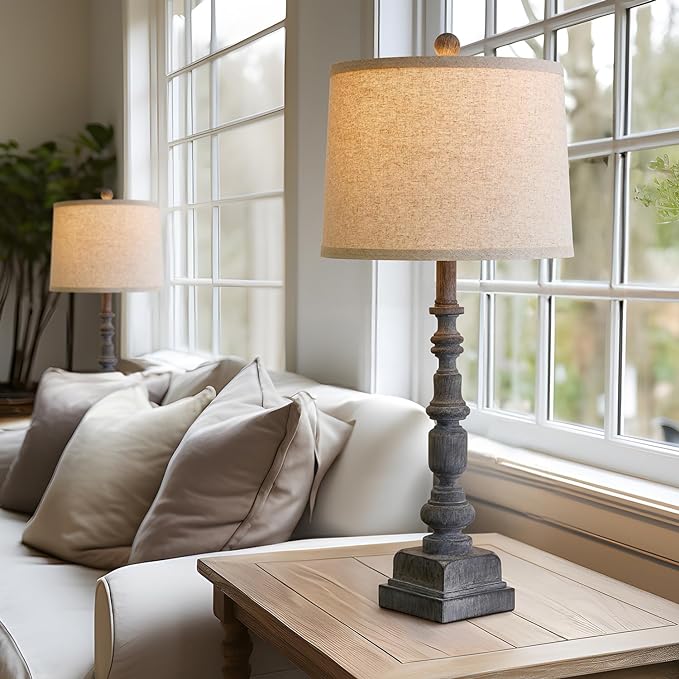 Oneach 27.75" Vintage Farmhouse USB A+C Table Lamps Set of 2 for Living Room Traditional Bedside Lamps for Bedroom Office Mid Century Table Lamp Antique Grey Accent Rustic Lamps for End Table