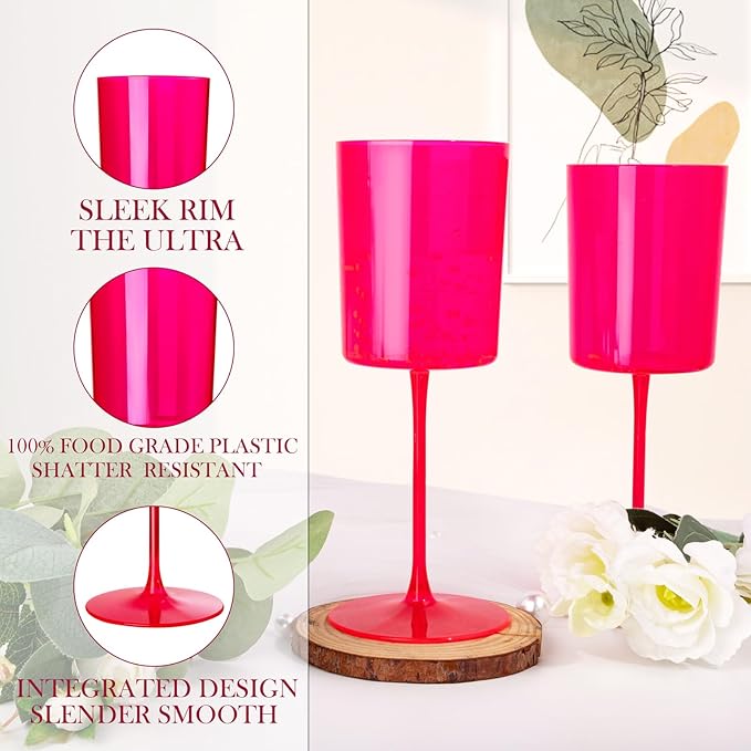 Ciaell 12 Pack Plastic Wine Glasses - 14Oz Hot Pink Plastic Wine Glasses With Stem - Disposable