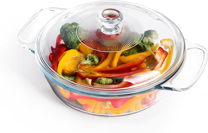 Clear Round Glass Casserole with Lid, Baking Dish with Glass Cover, Glass Casserole for Oven