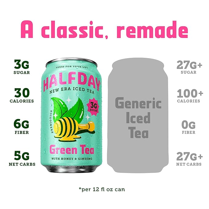 HALFDAY Prebiotic Green Tea with Honey & Ginseng, Supports Digestive & Gut Health, 6g Plant Fiber