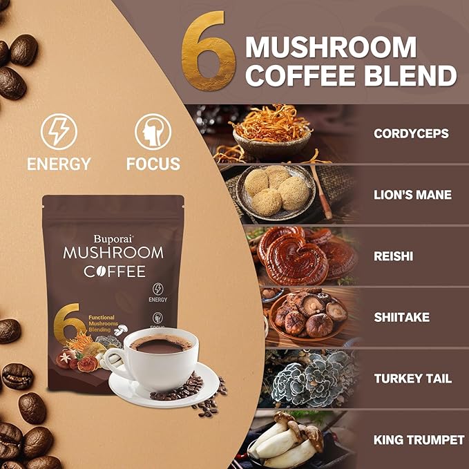 Mushroom Coffee, Instant Mushroom Coffee with 6 Mushrooms Lion’s Mane, Cordyceps, Turkey Tail &