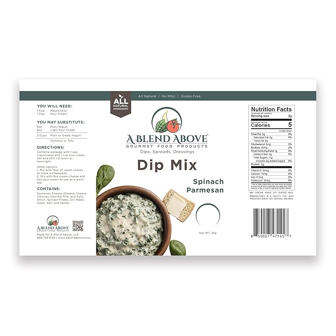 A Blend Above Dip Mix - Cucumber, Lemon Dill, Asiago Roasted Garlic, Spinach Parmesan, and Twice