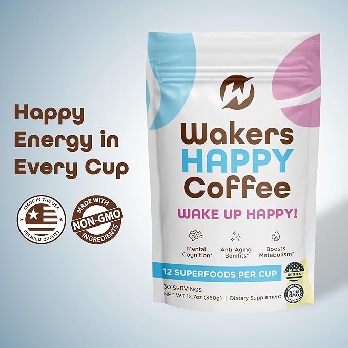 Wakers HAPPY Coffee supports energy, focus, anti-aging, and metabolism. Made in the USA with