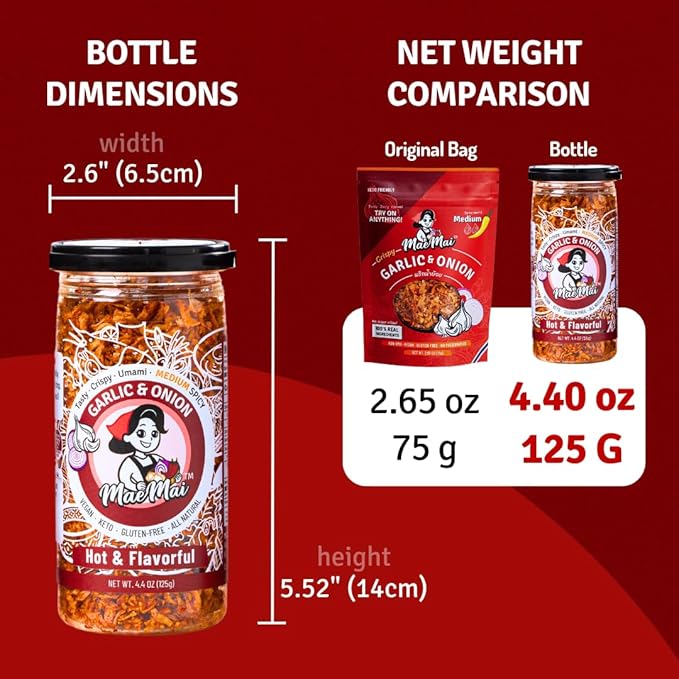 MaeMai Chili Crisp (MEDIUM HOT Spice) - Crunchy Spicy Onion & Garlic Flakes - All-Purpose