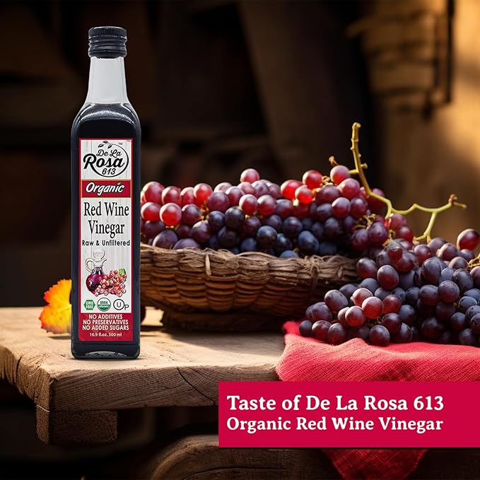 De La Rosa Organic Red Wine Vinegar, Raw & Unfiltered, Kosher for Passover, Vegan, Non-GMO & Gluten