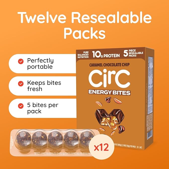 CirC Energy Bites - 12 Pack Caramel Chocolate Chip Gluten Free Protein Balls - 10g Protein, Whole