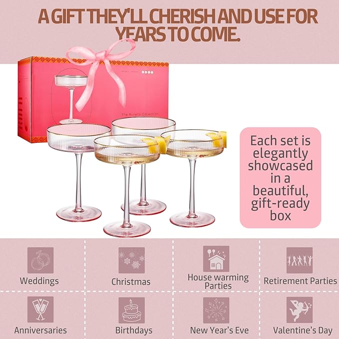 Khen Ribbed Vintage Art Deco Coupe Glasses - Martini, Champagne & Cocktail Ribbed Glasses 8oz |