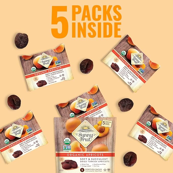 Sunny Fruit Soft Organic Turkish Dried Apricots - 6 Bags (30 Individual Portion Packs) | No