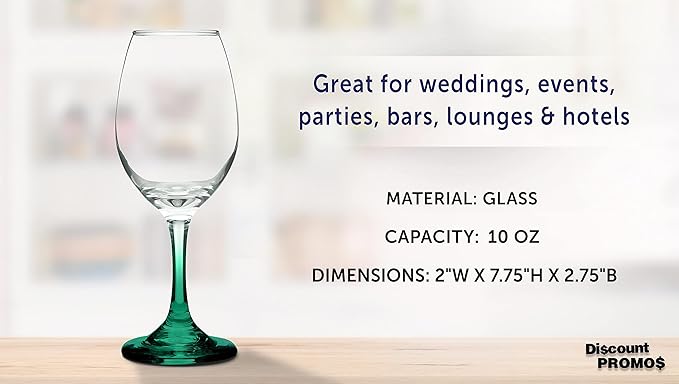DISCOUNT PROMOS Rioja Wine Glasses with Stem 10 oz. Set of 10, Bulk Pack - Color Bottom, Perfect