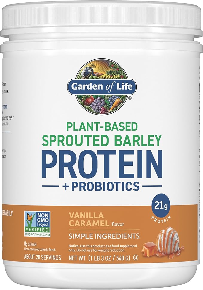 Garden of Life Plant-Based Sprouted Barley Protein, Vanilla Caramel with 21g Protein, 0g Sugar &