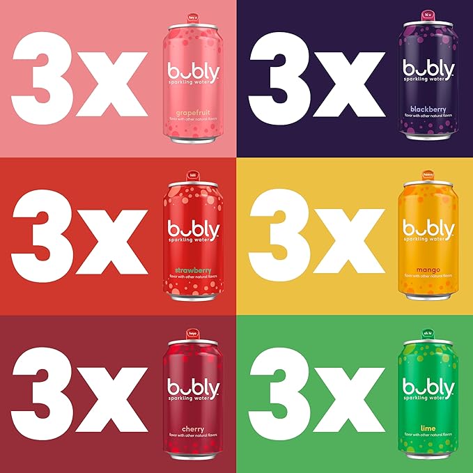 bubly Sparkling Water, 6 Flavor Variety Pack (Blackberry, Lime, Cherry, Grapefruit, Strawberry