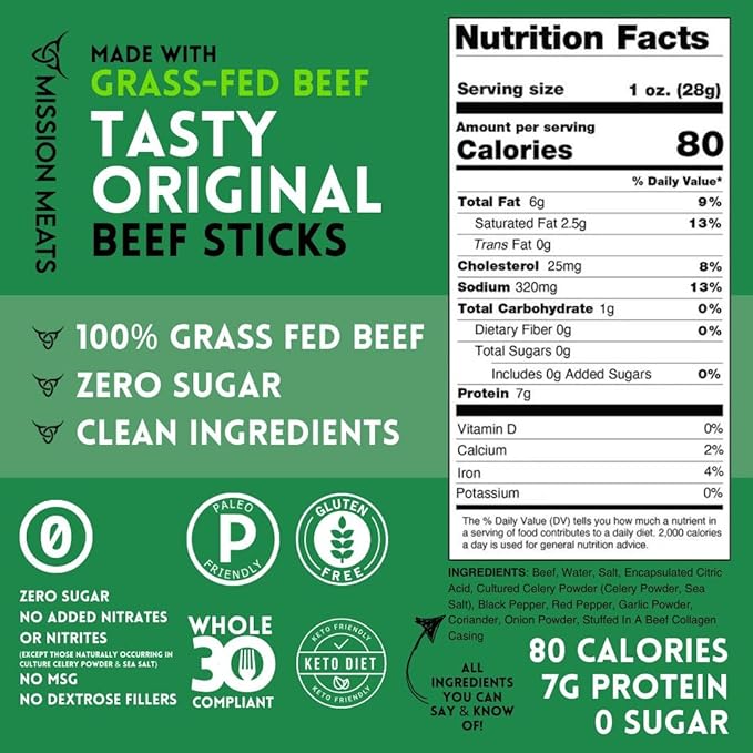 Mission Meats Beef Sticks – 100% Grass Fed & Pasture Raised, Zero Sugar, Gluten Free, Individually