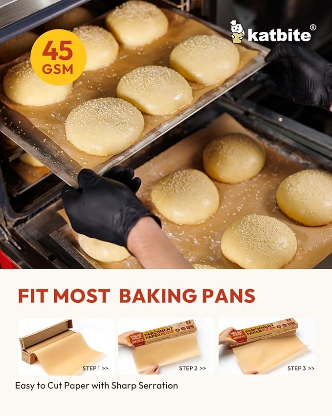 Katbite Unbleached Parchment Paper Roll, 15in x 242ft, 300 Sq.Ft, Non-Stick with Serrated Cutter