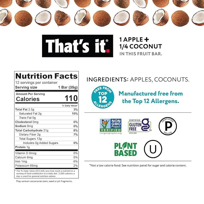That's it. Apple + Coconut 100% Natural Real Fruit Bar, Best High Fiber Vegan, Gluten Free Healthy