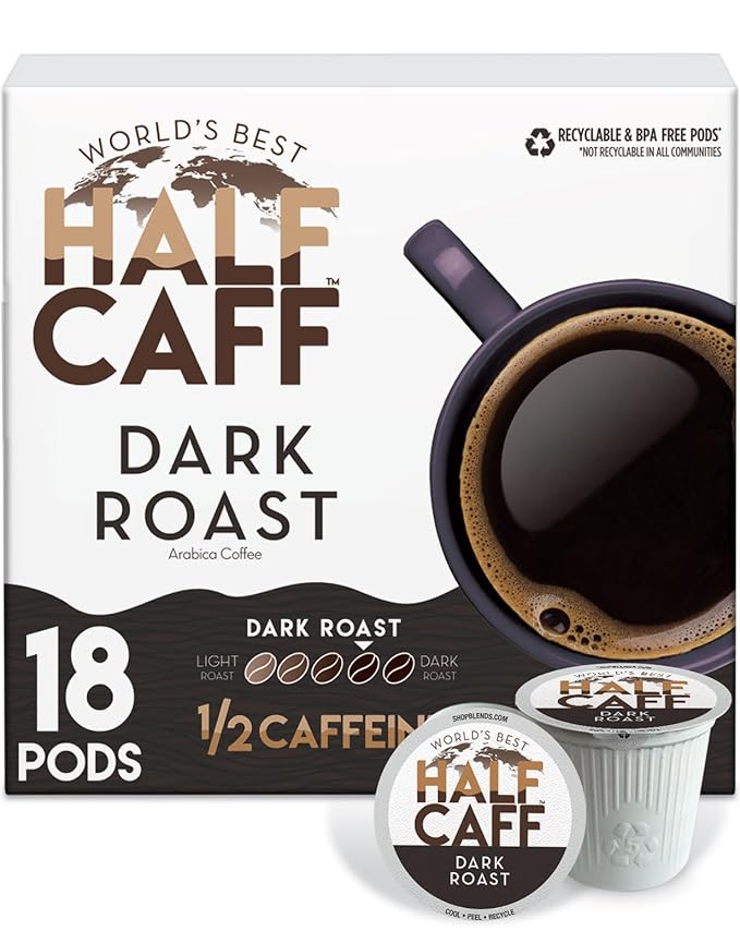 World's Best Half Caff Dark Roast Coffee Pods, 18 ct, Recyclable Single Serve Pods – 100% Arabica