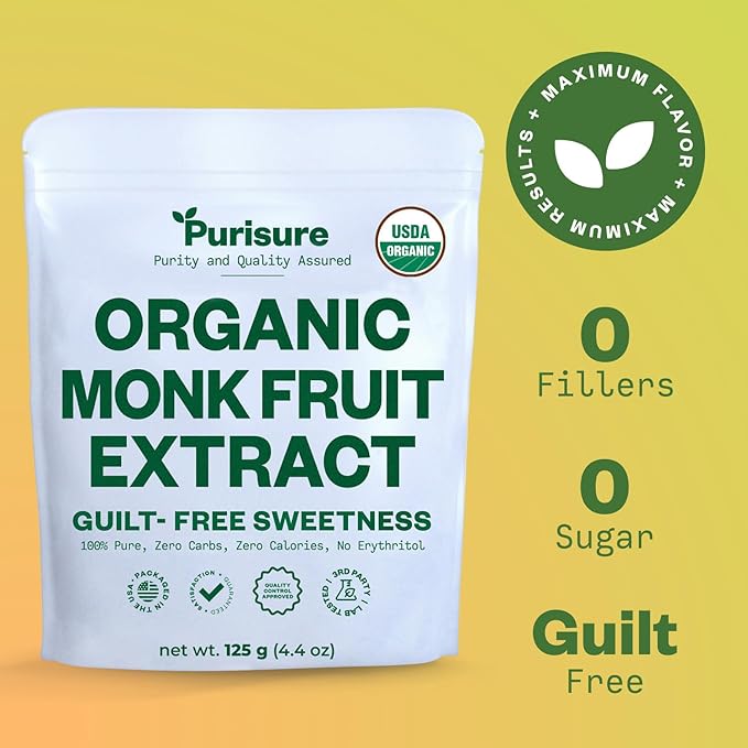 Organic Monk Fruit Sweetener, 125g (4.41oz), No Fillers Pure USDA Organic Monk Fruit Extract Powder