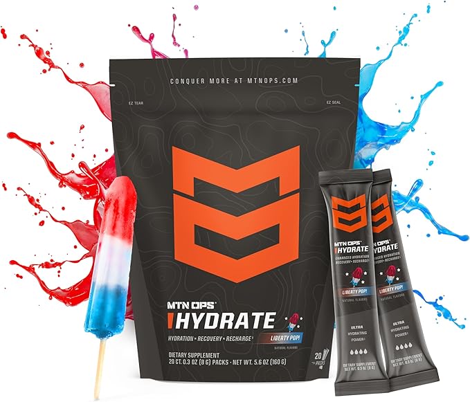 MTN OPS Hydrate Electrolytes Powder Drink Mix, 20 Single Serving On-The-Go Electrolyte Packs with