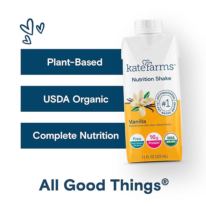 Kate Farms Organic Nutrition Shake, Vanilla, 16g Protein, 27 Vitamins and Minerals, Meal