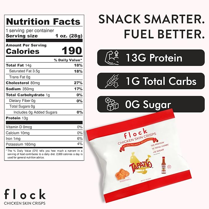 Flock Keto Chicken Skin Chips | Tapatio Flavor | Low Carb, High Protein, Sugar Free, Gluten Free