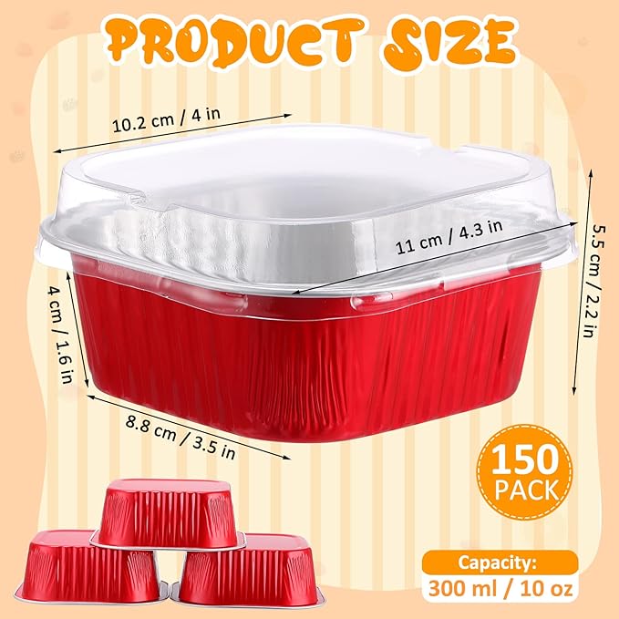 Aoriher 150 Pieces 10 oz Mini Cake Pans with Lids Aluminum Foil Baking Cups Square Disposable 4" x