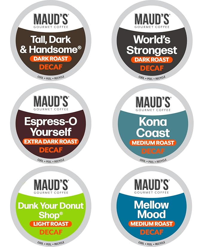 Maud's Decaf Coffee Pods Variety Pack, 54 ct, 6 Assorted Roasts & Flavors, Decaf Dark & Medium
