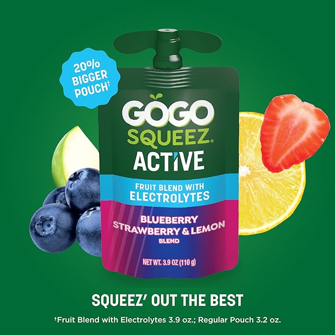 GoGo squeeZ Active Fruit Blend with Electrolytes | 18-Count Variety Pack | Blueberry Strawberry