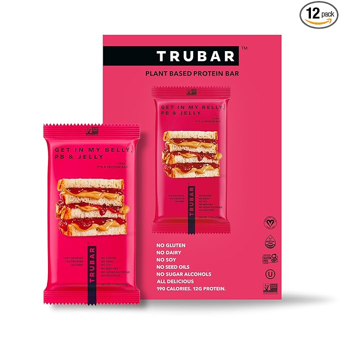 TRUBAR Vegan Protein Bar, Get In My Belly Pb & Jelly, Gluten Free, Plant Based, High Fiber, Dairy