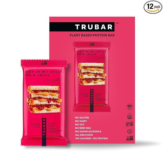 TRUBAR Vegan Protein Bar, Get In My Belly Pb & Jelly, Gluten Free, Plant Based, High Fiber, Dairy