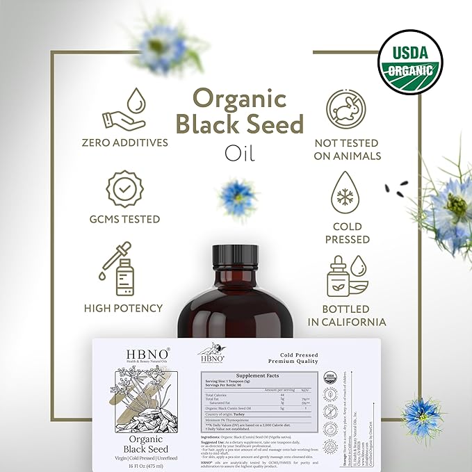 HBNO Organic Black Seed Oil - Huge 16 oz (475ml) Glass Bottle Value Size - USDA Certified Organic