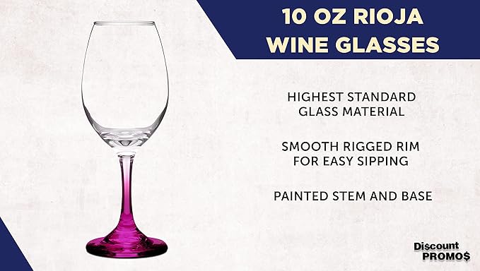 DISCOUNT PROMOS Rioja Wine Glasses with Stem 10 oz. Set of 10, Bulk Pack - Color Bottom, Perfect