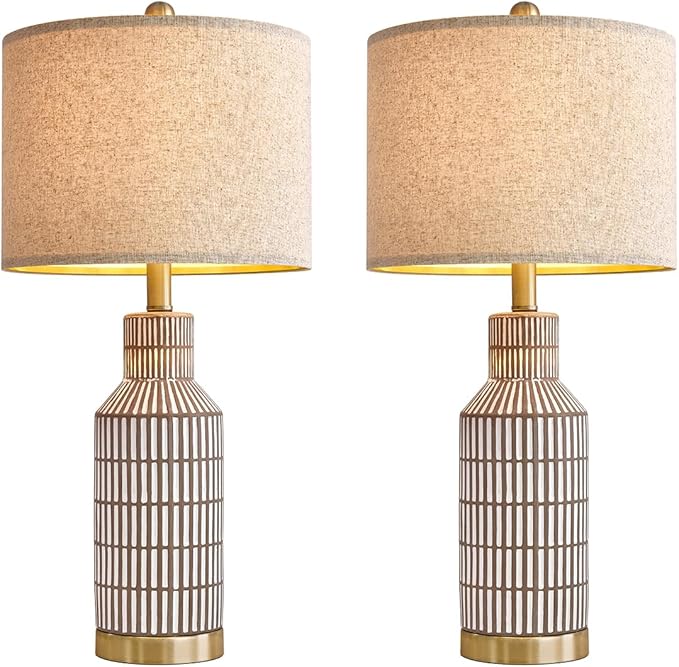 25" Table Lamps Set of 2, Modern Ceramic Bedside Lamps - Farmhouse Brown Nightstand Lamps for