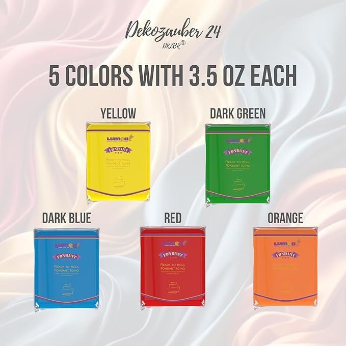 Dekozauber24 Fondant Icing Multipack, 5 Colors, 3.5oz (100g) rolling fondant per color, for