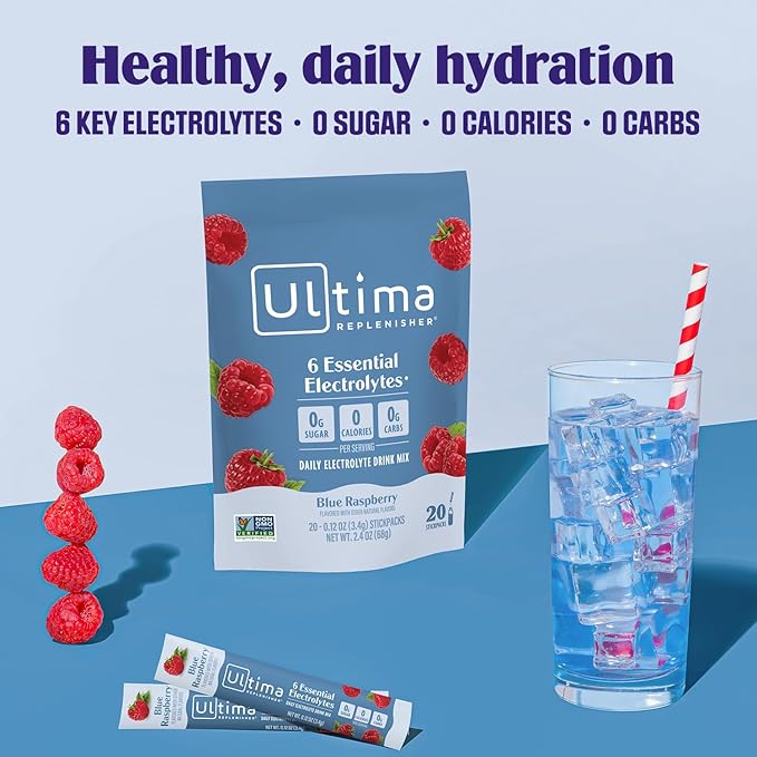 Ultima Replenisher Daily Electrolyte Powder Drink Mix ??Sugar Free ??Blue Raspberry, 20 Stickpacks