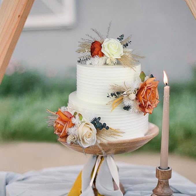 Rinlong 3-Piece Boho Chic Cake Toppers: Terracotta & Beige Silk & Dried Eucalyptus Flowers for