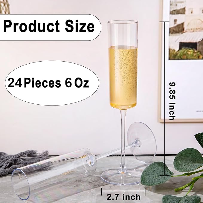 Ciaell 24 Pack Plastic Champagne Flutes - Clear 6 Oz Disposable Champagne Glasses - Square Plastic