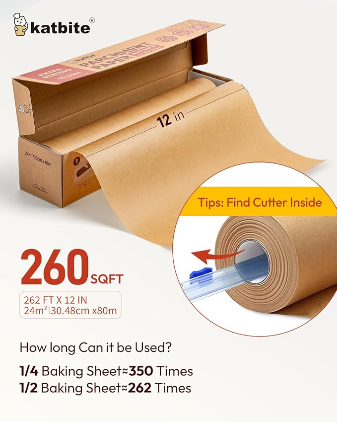 Unbleached Parchment Paper Roll for Baking 12in x 262ft, 260 Sq.Ft, Heavy Duty & Non-stick Baking