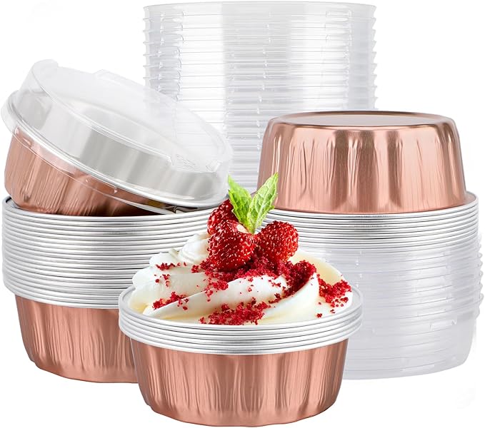 EUSOAR Aluminum Pans with Lids, 25pcs 9oz Rose Gold Baking Cups Cupcake Liners, Cheesecake