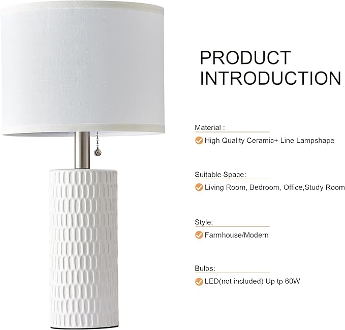Table Lamps for Living Room Set of 2, Ceramic Table Lamps for Bedroom, 20" Modern Lamps for Night Stands, White