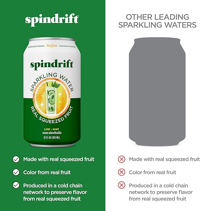 Spindrift Sparkling Water, Nojito Flavored, Made with Real Squeezed Fruit, 12 Fl Oz Cans, Pack of