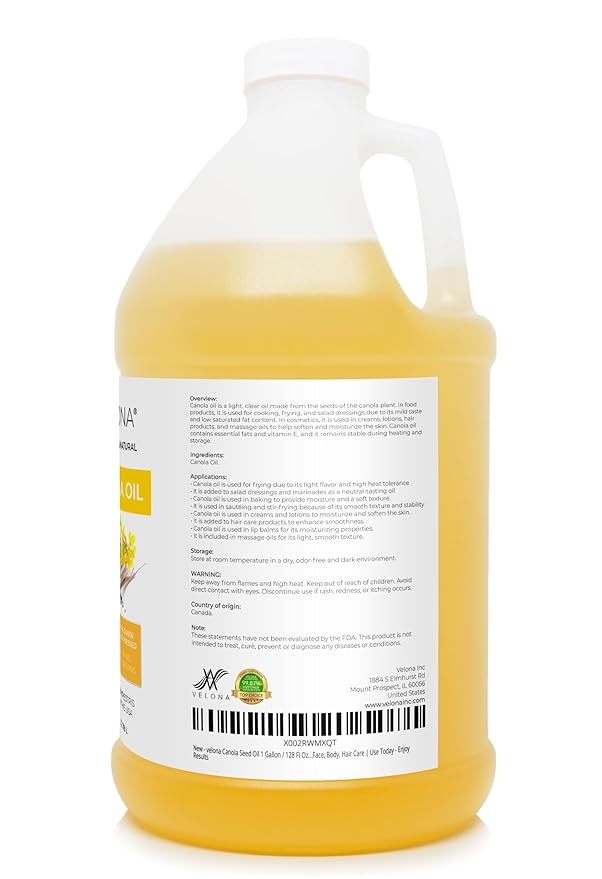 velona Canola Seed Oil 1 Gallon / 128 Fl Oz | 100% Pure and Natural Carrier Oil | Refined, Cold