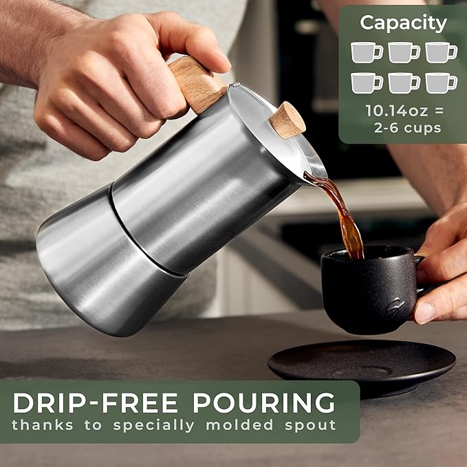WALDWERK Stainless Steel Moka Pot (10oz) - Toxic Free Moka Pot with Oak Wood Handle - Stovetop