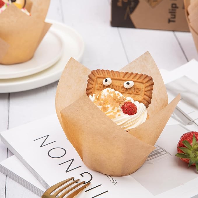 Nordic Paper 100pcs Large Size Natural Tulip Cupcake Liners for Baking, Large Muffin Liners
